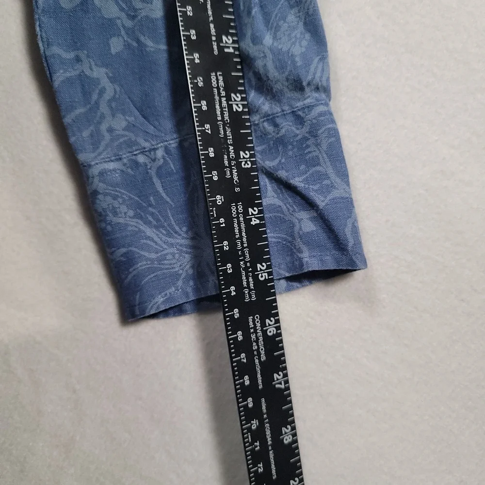 J Crew Slim Linen Shirt‎ Mens L Blue Hibiscus Tropical Floral Summer Coastal